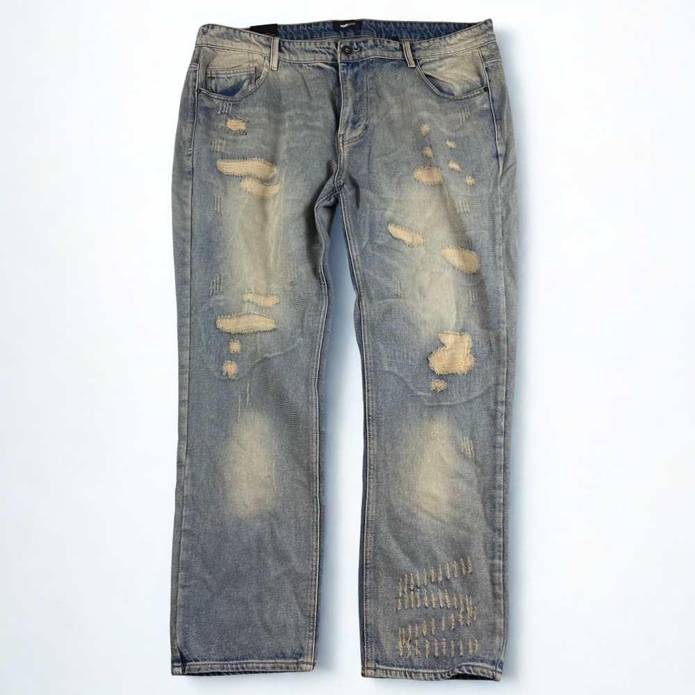 Fashion Nova MEN Distressed Straight Leg Jeans Mens 42 Blue Streetwear Denim